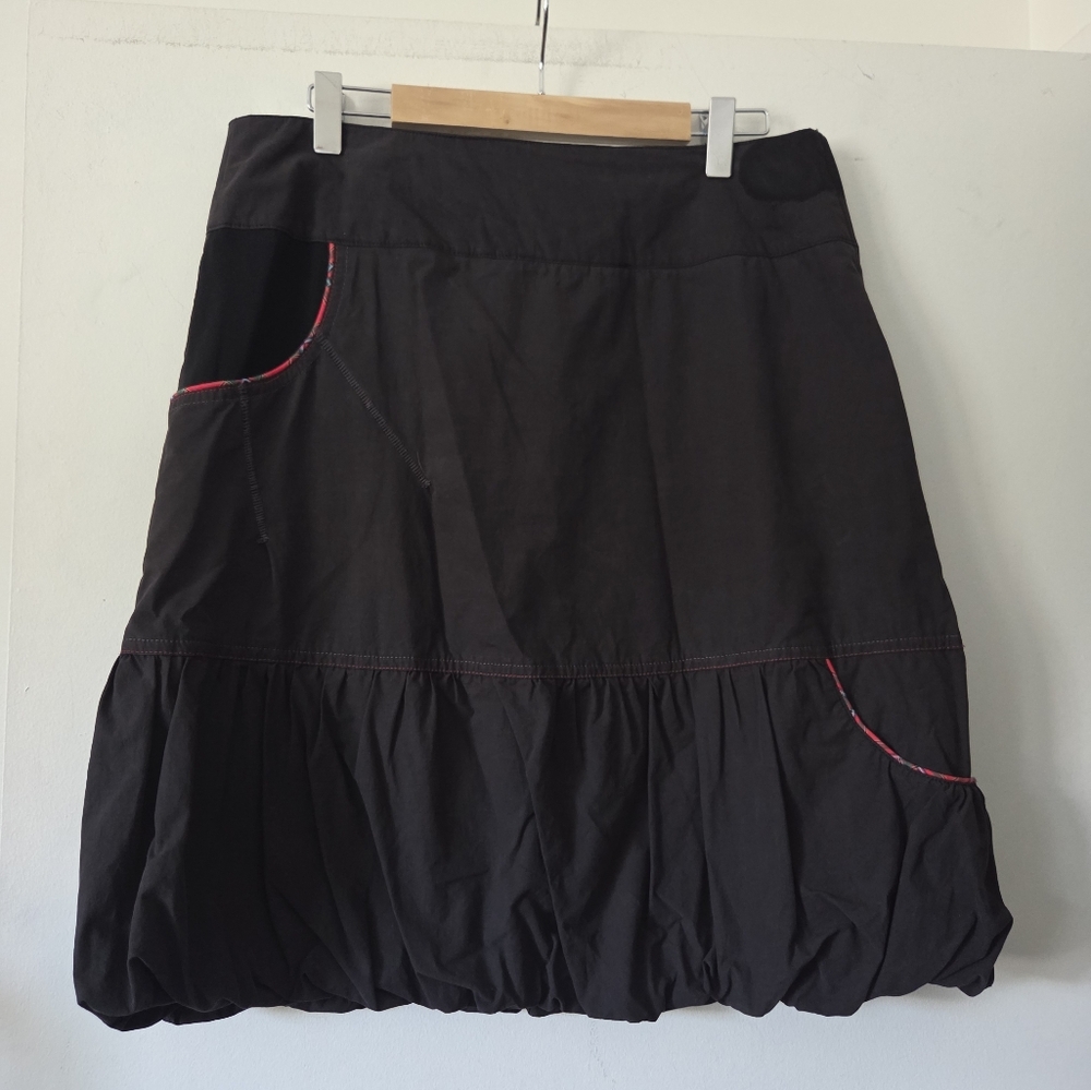 Imported Black Cotton Ballon Skirt with Red Plaid Trim.
